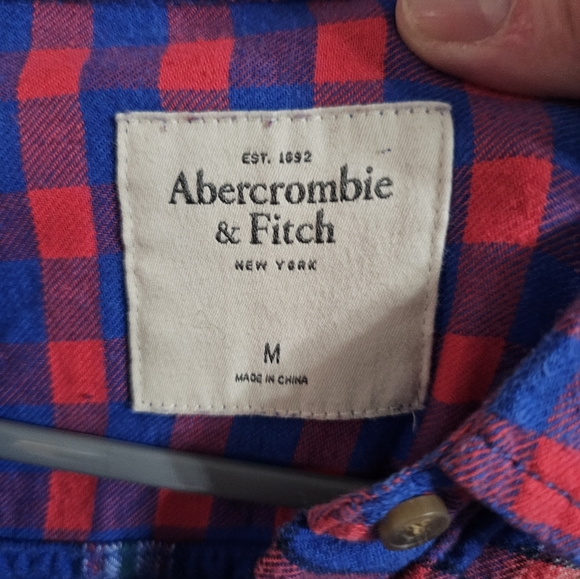 Abercrombie & Fitch Women's Plaid Flannel Shirt Medium Blue Red Y2K Moose Icon - Picture 6 of 6